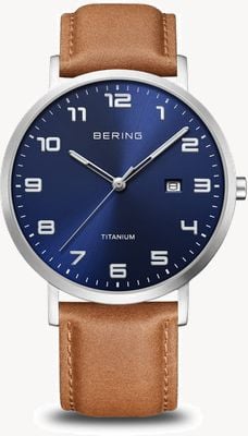 Bering Titanium | Blue Sunray Dial With Date Window | Brown Leather Strap | Brushed Titanium Case 18640-567