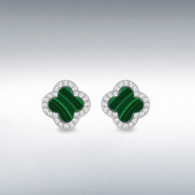 Sterling Silver Rhodium Plated 11mm Clover Malachite and 1.1mm White CZ Stud Earring 8.59.1908