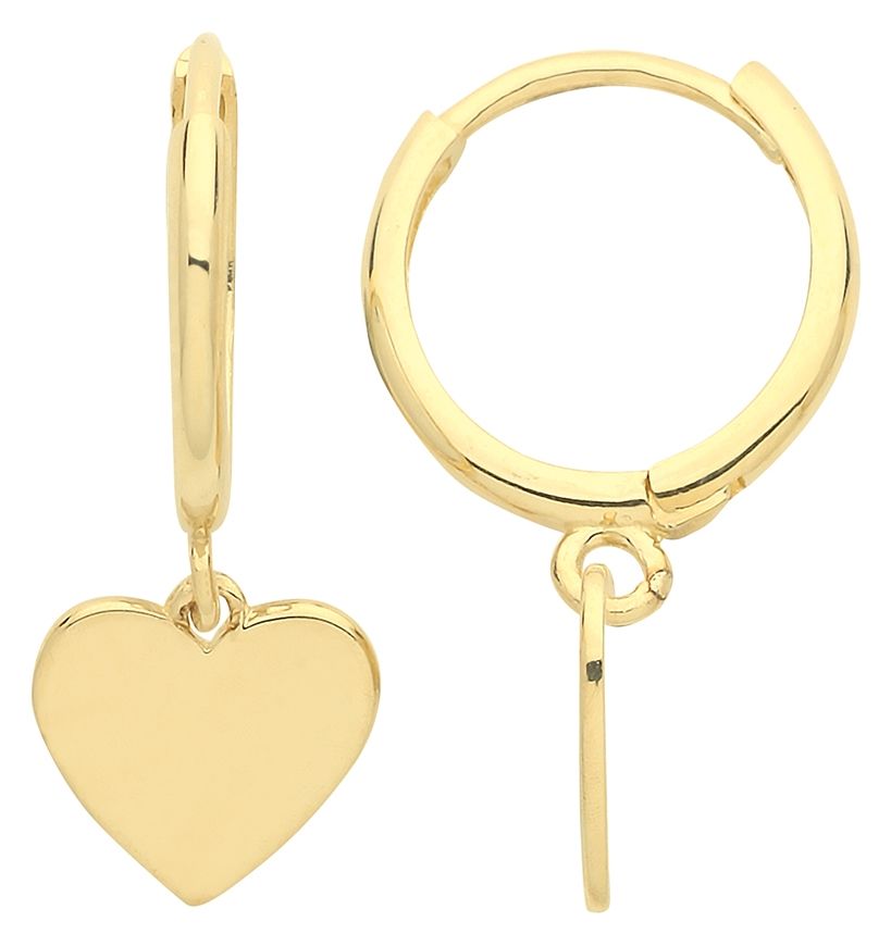 James Moore TH ER1175 9ct Gold Heart Drop Hoop Earrings Jewellery