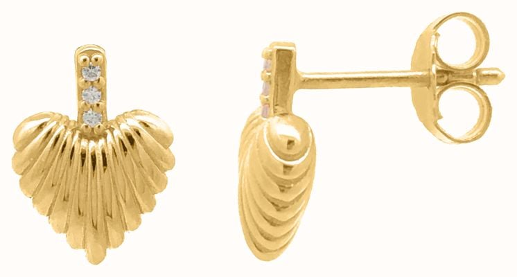 Burren Jewellery 18k Gold Plate Small Ribbed Heart Studs With Cz Attached E1398