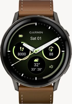Garmin Venu 4 - AMOLED Health and Fitness Smartwatch (45mm) Slate with Black Silicone and Brown Leather 010-03014-03