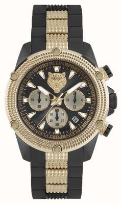 Plein Sport HURRICANE Chronograph (44mm) Black & Gold Dial / Black Silicone & Steel Strap PSDBA0523