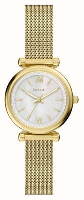 Fossil Carlie Three-Hand Quartz (28mm) Mother-of-Pearl Dial / Gold PVD Stainless Steel Mesh Bracelet ES5462