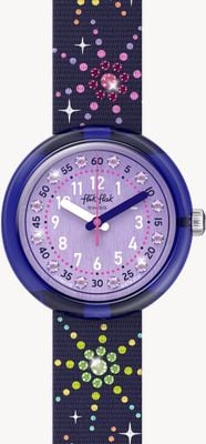 Flik Flak PARTY FINALE (31.85mm) Purple Dial / Purple Firework Patterned Strap FPNP178