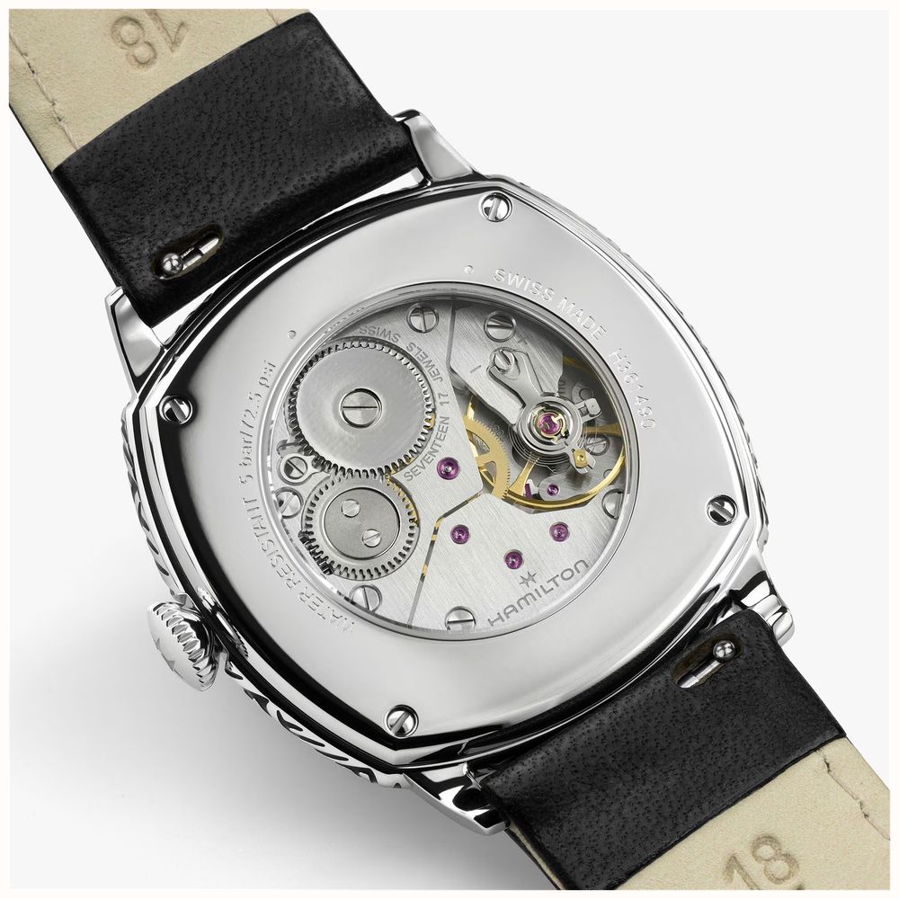 Hamilton American Classic Cushion Mechanical (34mm) Silver Sunray Dial / Black Leather Strap Watch H36149710 - alternate view 5
