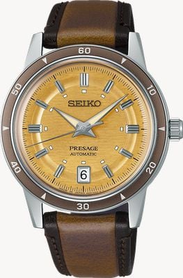 Seiko Presage Style 60s Automatic (39.5mm) Golden Yellow Dial / Brown Leather Strap SRPL75J1