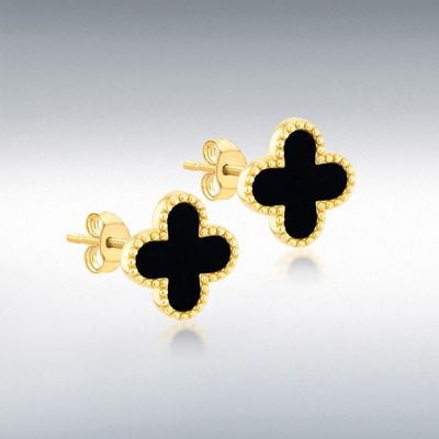 9ct Yellow Gold 11.4mm X 11.4mm Clover Black Onyx Stud Earri 1.55.9527