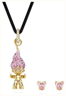 Swarovski Good Luck Trolls Necklace and Stud Earrings Set Pink Crystals Gold-Tone Plated 5691945