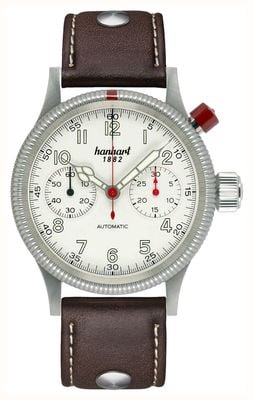 Hanhart PIONEER Mk I Automatic Chronograph (40mm) Antique White Dial / Dark Brown Leather Rivet Strap - M 714.200-0110