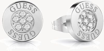 Guess Rhodium Plated Crystal-Set 10mm Logo Button Stud Earrings UBE02158RH