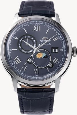 Orient Bambino Sun & Moon Automatic (41.5mm) Blue Dial / Blue Leather Strap RA-AK0806L30B