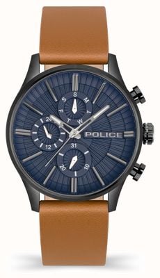 Police BARTER Multifunction Quartz (44mm) Dark Blue Dial / Brown Leather Strap PEWJF2195003