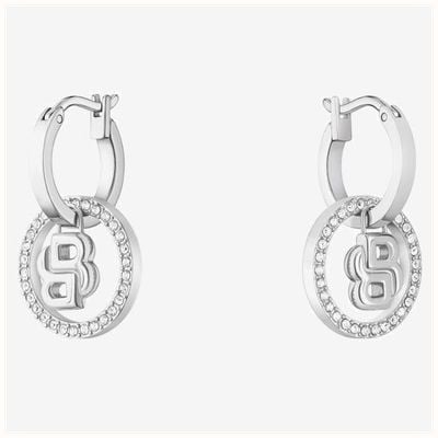BOSS Jewellery Double B Divine Silver Tone Drop Huggie Hoop Earrings 1580820