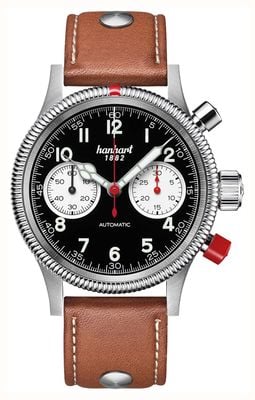 Hanhart PIONEER Mk II Automatic Chronograph (40mm) Reverse Panda Dial / Light Brown Leather Rivet Strap - M 716.211-0210