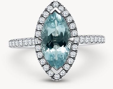 James Moore & Co 18ct White Gold 1.50ct Marquise Aqua and Diamond Ring 0.50ct Halo Shoulders 11919