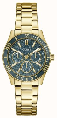 Guess MARIANA Multifunction (36mm) Blue Glitter Dial / Gold PVD Stainless Steel Bracelet GW1035L2
