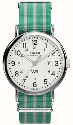 Timex Weekender INDIGLO (40mm) White Dial / Green & White Striped Fabric Strap TW2Y08800