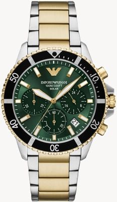 Emporio Armani World Explorer Solar Chronograph (43.5mm) Green Dial / Two-Tone Stainless Steel Bracelet AR11695