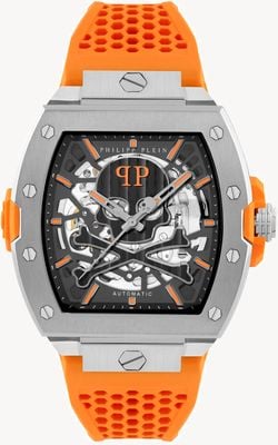 Philipp Plein THE $KELETON LIMITED EDITION Automatic (44mm) Black Skeleton Dial / Orange Silicone Strap PWJFA1225