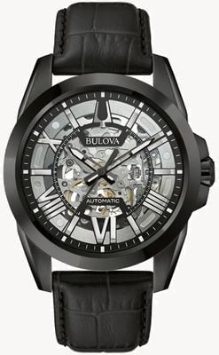 Bulova Men's Classic | Automatic | Skeleton Dial | Black Leather Strap 98A304