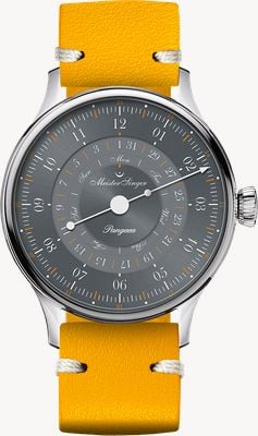 MeisterSinger Pangaea Day Date 365 (40mm) Grey Sunburst Dial / Yellow Vintage Saddle Leather Strap PDD365927_SVSL018