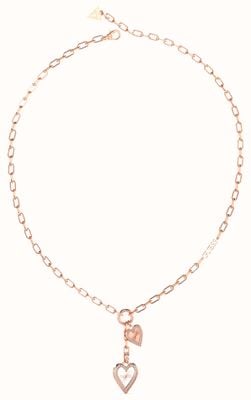 Guess Women's Love Me Tender Rhodium and Rose Gold Plated Double Heart Paperlink Necklace 16-18" UBN03234RHRG