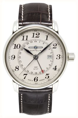 Zeppelin LZ 127 Graf Zeppelin Quartz GMT (42mm) Eggshell Dial / Black Leather Strap Watch 7642-5