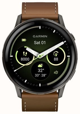 Garmin Venu 4 - AMOLED Health and Fitness Smartwatch (45mm) Slate with Black Silicone and Brown Leather 010-03014-03