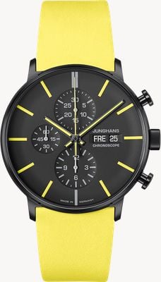 Junghans FORM A Chronoscope Automatic - German Date (42mm) Black Dial / Yellow Leather Strap 27/4473.00