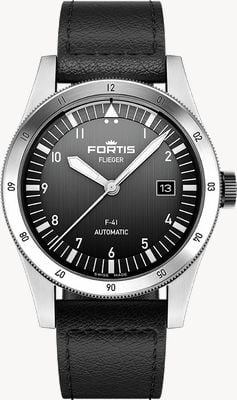 FORTIS Flieger F-41 Automatic Black (41mm) Black Leather Aviator Strap F4220018
