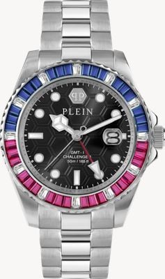 Philipp Plein HYPER-SPORT GMT-I CHALLENGER BAGUETTES (44mm) Black Dial / Stainless Steel Bracelet PWPZA0124