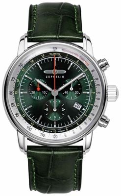 Zeppelin LZ 14 Marine Quartz Chronograph (42mm) Dark Green Dial / Dark Green Leather Strap 8888-4