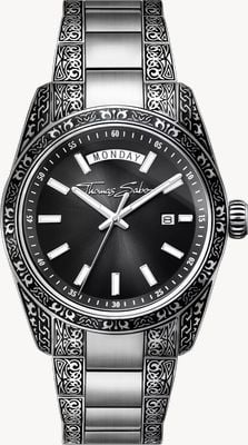 Thomas Sabo Rebel At Heart 'Revive' (40mm) Black Sunburst Dial / Engraved Stainless Steel Bracelet WA0438-201-203-40