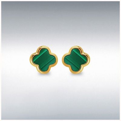 Sterling Silver Yellow Gold Plated 7.3mm x 7.3mm Clover Malachite Stud Earrings 8.59.1901