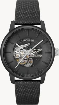 Lacoste Men's 12.12 Automatic (44mm) Black Open Heart Dial / Black Leather Strap 2011383
