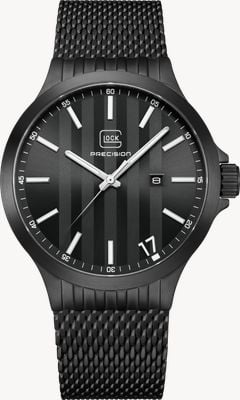 GLOCK Precision Date Quartz (44mm) Black Striped Dial / Black PVD Stainless Steel Mesh Strap GW-12-1-24