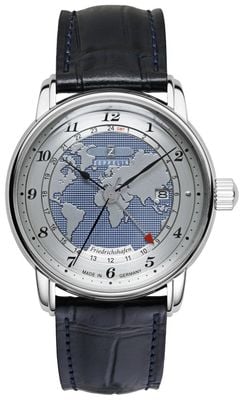 Zeppelin Friedrichshafen GMT Automatic (42mm) Silver & Blue Clous de Paris Dial / Black Leather Strap 8596-3