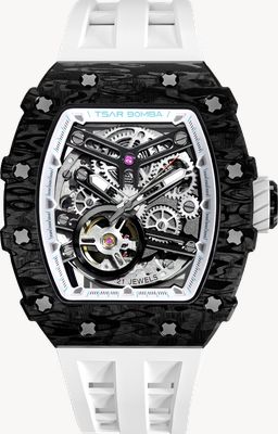TSAR BOMBA Elemental Series Carbon Fiber Automatic (43.5mm) Black Skeleton Dial / White FKM Rubber Strap TB8208CF-40