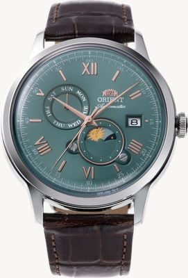 Orient Bambino Sun & Moon Automatic (41.5mm) Green Dial / Brown Leather Strap RA-AK0805E30B