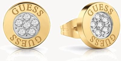 Guess Gold Plated Crystal-Set 10mm Logo Button Stud Earrings UBE02158YG