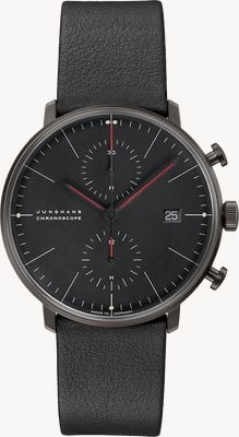 Junghans max bill Chronoscope Bauhaus (40mm) Black Dial / Black Leather Strap 27/4409.02
