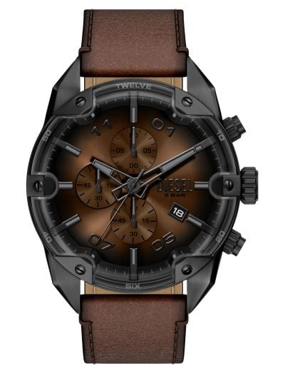 Diesel DZ4735 Spiked Black Leather Brown Dial Watch