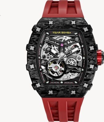 TSAR BOMBA Elemental Series Carbon-Fiber Automatic (43mm) Black Skeleton Dial / Passion Red Silicone Strap TB8208CF-39
