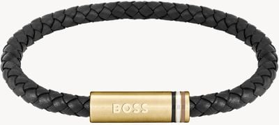 BOSS Jewellery Men's Ares Braided Black Leather Gold-Tone Stainless Steel Bracelet 1580624