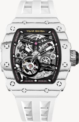 TSAR BOMBA Elemental Series Carbon-Fiber Automatic (43mm) Black Skeleton Dial / Elite White Silicone Strap TB8208CF-35