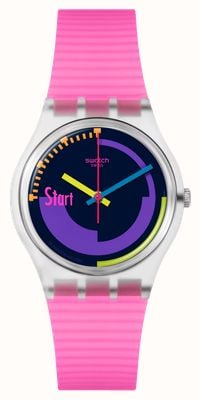 Swatch NEON PINK PODIUM (34mm) Multi-Coloured Dial / Transparent Matte Pink Silicone Strap SO28K111