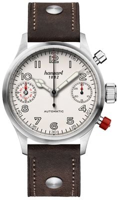 Hanhart PIONEER TwinDicator Automatic Chronograph (45mm) Antique White Dial / Dark Brown Leather Strap - M 730.200-0110