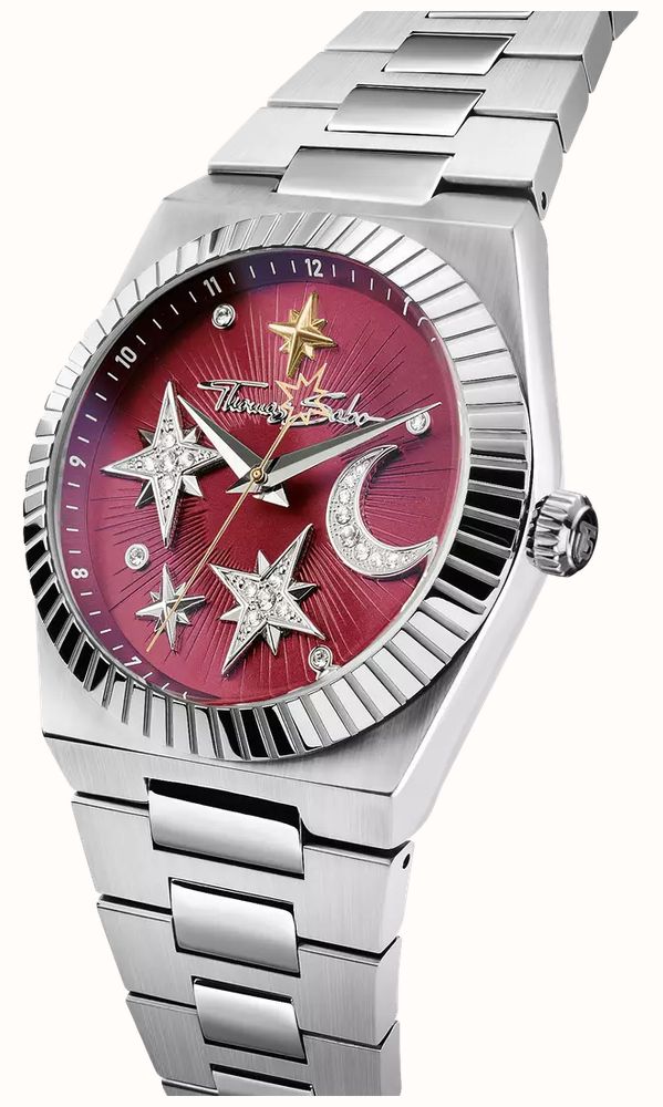 Thomas Sabo Moon And Stars Quartz (39mm) Red Sunray Dial / Stainless Steel Bracelet WA0466-201-212-39 - alternate view 2