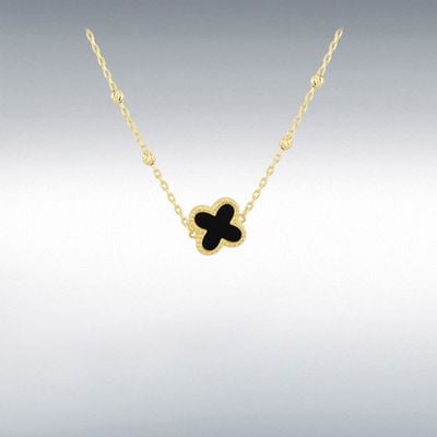 9ct Yellow Gold 9.5mm Black Onyx Clover DC Ball Necklet 41cm 1.19.2250