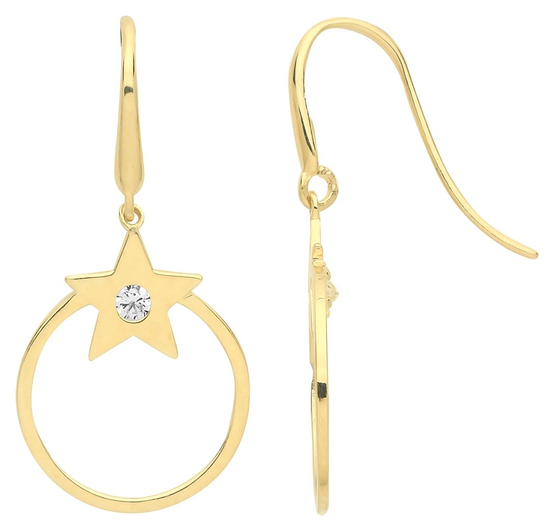 James Moore TH ER1160 9ct Gold Star Cz Drop Hoop Earrings Jewellery